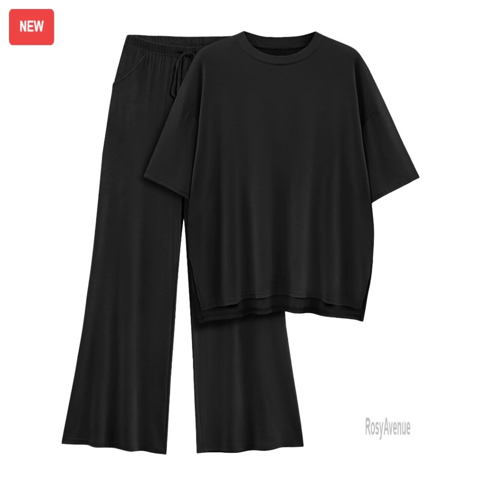 Oversized Short Sleeve Top & Wide Leg Pant Lounge Set, Rayon Blend